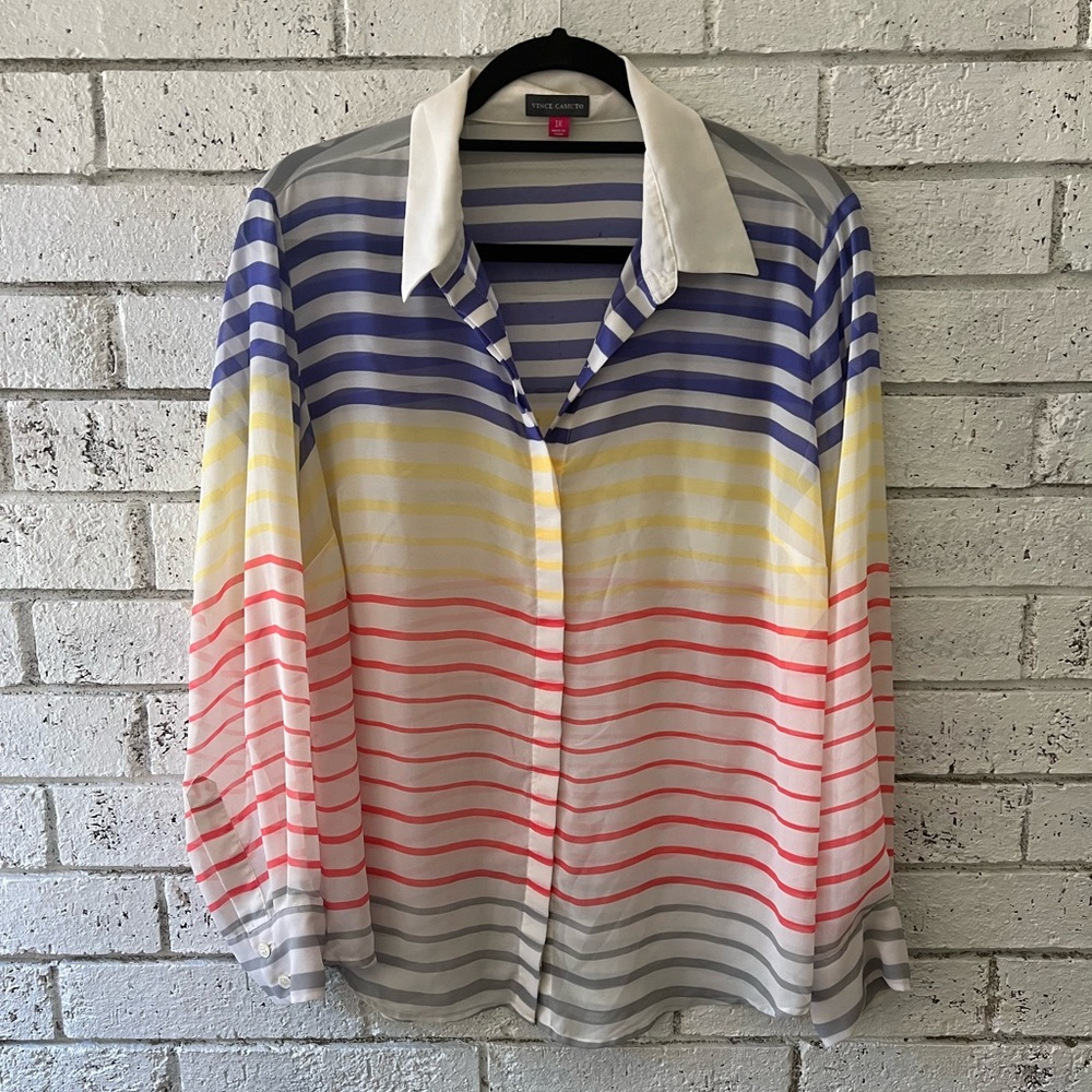 Vince Camuto Sheer Striped Button Down Plus Size